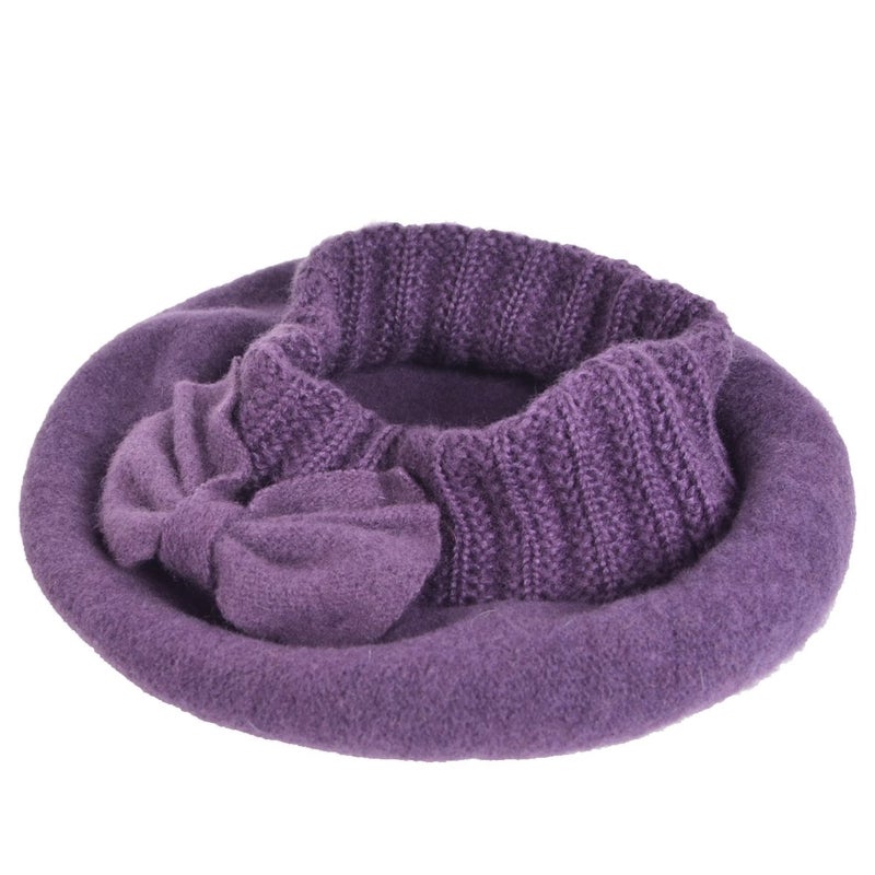 VECRY Lady French Beret 100% Wool Beret Floral Dress Beanie Winter Hat (Bow-Purple) - Image 3
